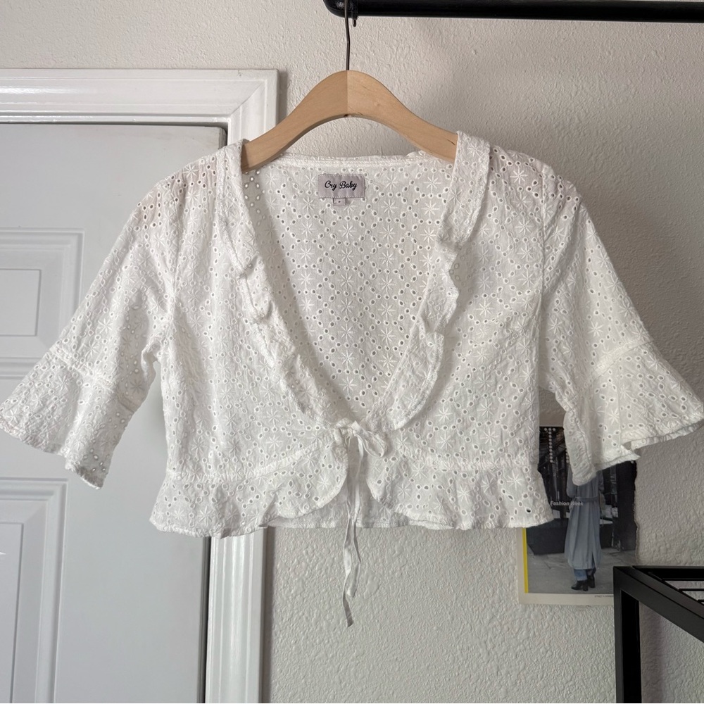 CRY BABY white eyelet lace embroidery puff ruffle short sleeve tie front cropped